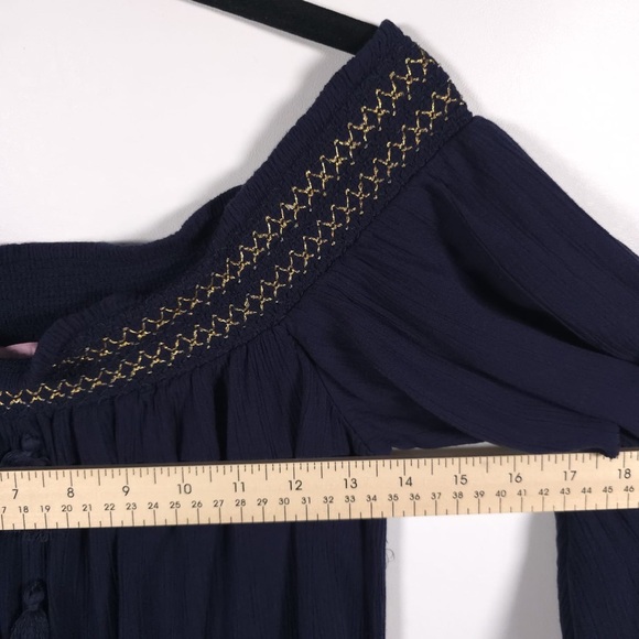 Lilly Pulitzer Joelle Off Shoulder True Navy Gold Gauze Mini Dress Fringe MEDIUM - Picture 13 of 16